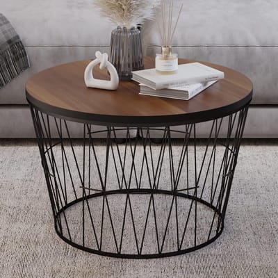 Salontafel met Geometric Base - Bijzettafel Rond - Woonkamer Decoratie - Stalen Geometrische Poot - 59.7 cm Diameter - Walnoot Bruin