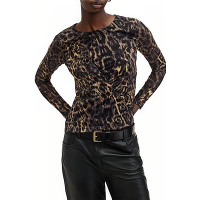 AllSaints Edana Mesh Top Jinx Golden Brown Maat: 2 | Longsleeves Outlet | Dames | Bruin