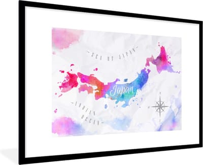 Poster in lijst - Fotolijst 90x60 cm - Posters - Wereldkaart - Kleuren - Japan - Posterlijst zwart - Decoratie - Wanddecoratie woonkamer - Muurdecoratie slaapkamer