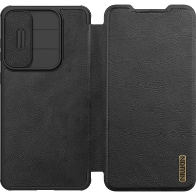 Nillkin Qin Pro Hoesje Geschikt voor Samsung Galaxy S25 Edge - Book Case met Camera Slider - Ruimte voor Twee Pasjes Zwart