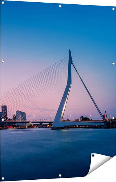 Gards Tuinposter Erasmusbrug in Rotterdam met Zonsondergang - 90x120 cm - Tuindoek - Tuindecoratie - Wanddecoratie buiten - Tuinschilderij