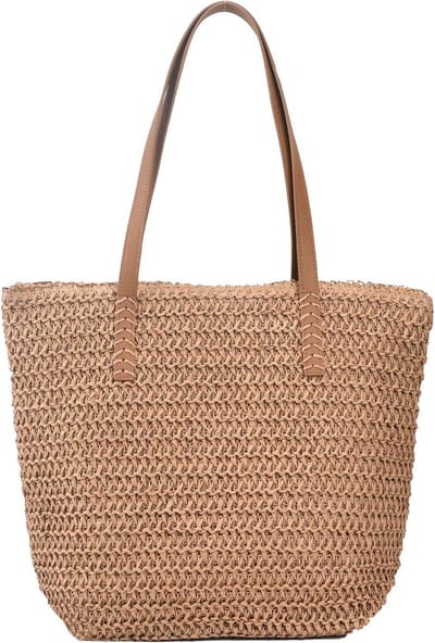 Grote stro strandtas voor vrouwen, stro handtas geweven draagtas met rits zomer stro schoudertas