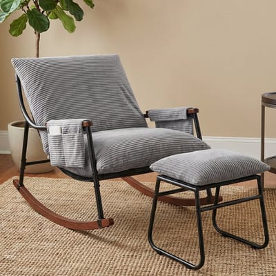 HomeMiYN Velvet Gestreepte Stof Schommelstoel – Lichtgrijs – 180 kg Capaciteit – Stijlvol en Comfortabel – Ideaal voor Woonkamer, Patio & Slaapkamer – Ergonomische Schommelstoel