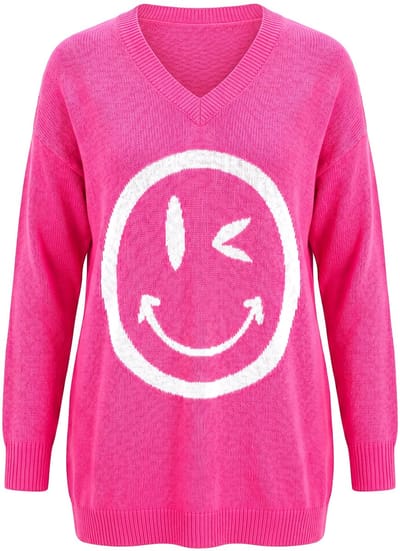 MIAMODA - Dames - Trui comfortabele pasvorm grote smiley - Hibiscusrood - Maat 42+