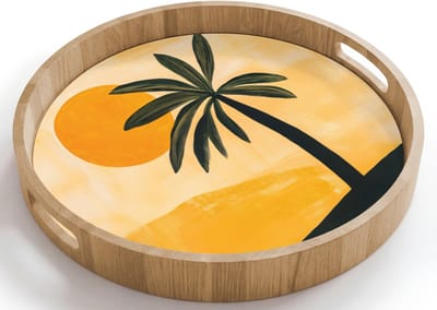 Dienblad rond 40x40 cm - Schootdienblad hout - Illustratie - Palmboom - Zon - Heuvels - Borrelplank rechthoek - Plateau houten dienbladen