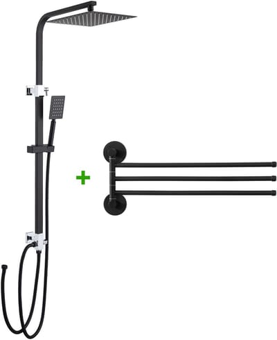 Auralum Max Douchesysteem - 25.5 cm Regendouche - Zwart Douche Set - Met Plankje - Verstelbare Hoogte 72-110 cm - Vierkant Design - Waterbesparend - Zwart