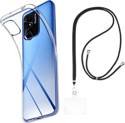 Set met hoesje en nekband voor xiaomi redmi 10a - Flexibele, transparante TPU-bescherming, verstelbare universele nekband voor mobiele telefoons, zwarte nekband, transparante draagriem van Phonillico®