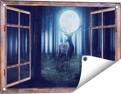 Gards Tuinposter Doorkijk Hert in het Bos tijdens Volle Maan - 60x40 cm - Tuindoek - Tuindecoratie - Wanddecoratie buiten - Tuinschilderij