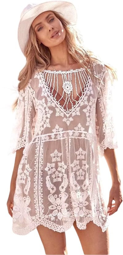 Doorzichtige Strand Cover-Up Kanten Bikini Jurk voor Dames – Zomer V-Hals Badmode Kimono, Effen Zonbescherming, Losse Pasvorm Bikini Cover-Up, Strand Jurk Dames Zomer Badmode Cover Up