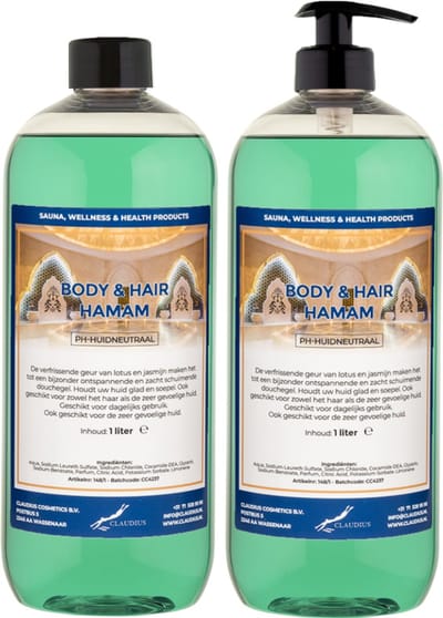 Body & Hair Hamam 1 liter met zwarte pomp - set van 2 stuks - 2 in 1 voor lichaam en haar - voordeelverpakking