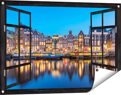 Gards Tuinposter Doorkijk Amsterdamse Huisjes in de Avond met Lichten - 90x60 cm - Tuindoek - Tuindecoratie - Wanddecoratie buiten - Tuinschilderij