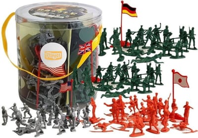 Playos® - Leger Speelset - 100 delig - in Ton - in 3 Kleuren - met 4 Vlaggen - Rollenspel - Militair - Speelgoed