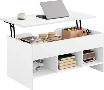 DHN Salon tafel met opbergruimte - bijzettafel In hoogte verstelbare tafel - Woonkamer meubel - Salontafel in hoogte verstelbaar - Wit