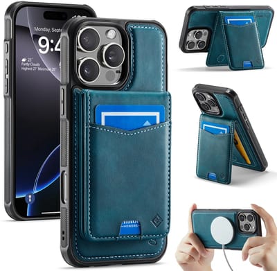 Casemania Hoesje Geschikt voor Apple iPhone 16 Pro Max - Emerald Green - Geschikt voor MagSafe - Back Cover met Afneembare Magnetische Pasjeshouder met Standaard - Telefoonhoesje en Kaarthouder