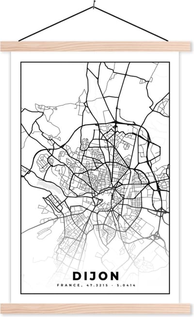 Posterhanger incl. Poster 40x60 cm - Schoolplaat - Frankrijk - Dijon - Plattegrond - Stadskaart - Kaart - Zwart wit - Textielposter - Blanke latten - Stadskaart