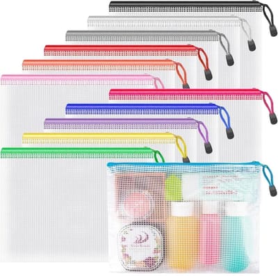 GELLDG Gekleurde A5-documententassen - Waterdichte documententassen met ritssluiting - Transparante plastic A5-documententassen - Geschikt voor het opbergen van documenten， schoolspullen, examenpapieren, reisartikelen, enz. - 12 tassen