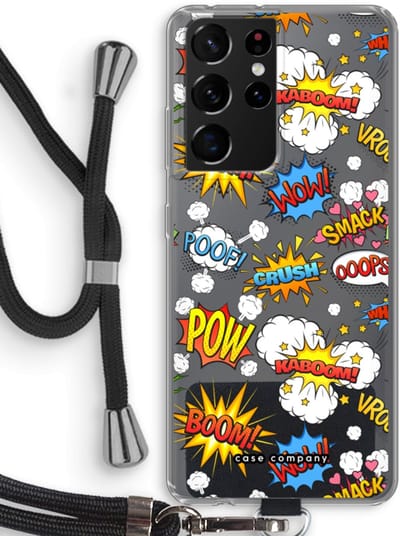 Case Company® - Hoesje met koord geschikt voor Samsung Galaxy S21 Ultra hoesje met Koord - Pow Smack - Telefoonhoesje met Zwart Koord - Bescherming aan alle Kanten en Over de Schermrand