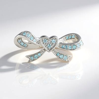Cavill - Verfijnde Zilveren Damesring 925 Sterling Zilver - 13 Blauwe Ratanakiri Zirkonen Cambodja - 0,32 Ct - Elegante Ring met Hart en Strik