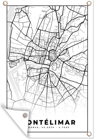 Muurdecoratie Frankrijk – Plattegrond – Stadskaart – Montélimar - Kaart - Zwart wit - 120x180 cm - Tuinposter - Tuindoek