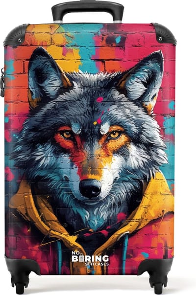 NoBoringSuitcases.com® - Handbagage koffer lichtgewicht - Reiskoffer trolley - Kleurrijke vos met jas in graffiti stijl - Rolkoffer met wieltjes - Past binnen 55x40x20 en 55x35x25