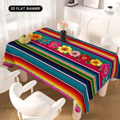 Mexico Kleurrijke Gestreepte Day of The Dead Tafelkleed voor Tafeldecoratie Mexicaans Etnisch Bloemenpatroon Dia De Los Muertos Tafelkleed Feestdecoratie 90x140cm