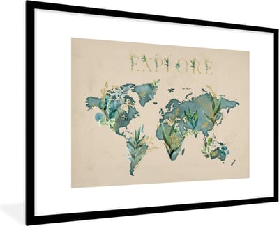 Poster in lijst - Fotolijst 120x80 cm - Posters - Wereldkaart - Explore - Goud - Posterlijst zwart - Decoratie - Wanddecoratie woonkamer - Muurdecoratie slaapkamer