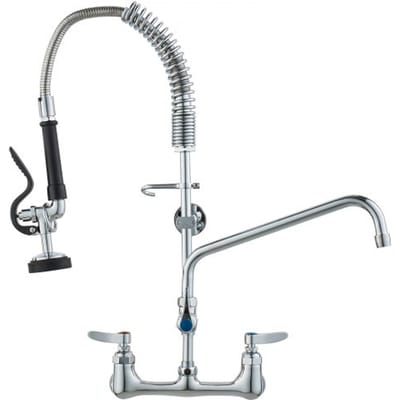VEVOR Commerciële kraan met voorspoeldouche, 63 cm hoogte, 305 mm draaibare uitloop, aan de muur gemonteerde aanrechtkraan, messing constructie met uittrekbare spray, voor 1/2/3 compartimentengootsteen