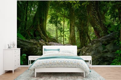 Behang - Fotobehang Jungle - Stenen - Water - Natuur - Planten - Breedte 320 cm x hoogte 240 cm