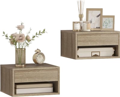 Golaro Nachtkastje - Zwevend - Nachtkastjes met Lade set van 2 - Wand Kastje met Lade en Plank – RGB LED Verlichting – Hout/Beige