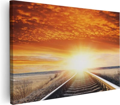 Artaza Canvas Schilderij Spoorlijn - 30x20 cm - Klein - Wanddecoratie Zonsondergang - Muurdecoratie Woonkamer - Schilderijen Op Canvas