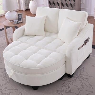 Pugsdrly Multifunctionele bank, 2-in-1 slaapbank, opbergkruk, ademende huidvriendelijke stof, milieuvriendelijk eucalyptushout, kleine woonkamer, studeerkamer, slaapkamer, beige
