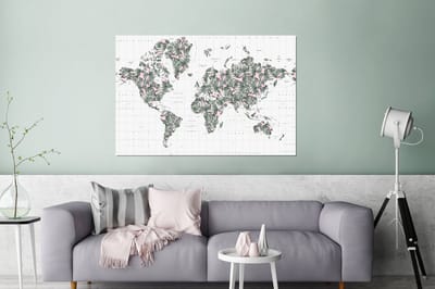 Aluminium schilderij 180x120 cm - Wanddecoratie metaal - Wereldkaart - Planten - Roze - Metalen muurdecoratie woonkamer - Decoratie industrieel - Foto op dibond - Industriële accessoires slaapkamer
