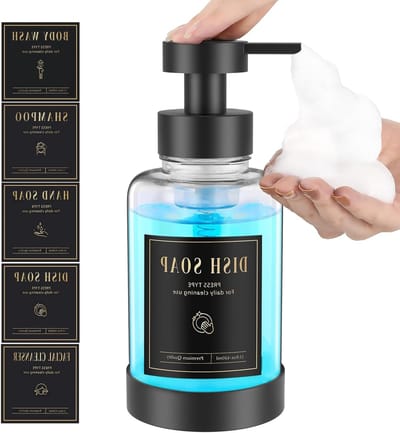Glazen Foam Zeepdispenser met Antislip, 450ml Navulbare Zeepdispenser voor Badkamer en Keuken, Inclusief 5 Waterdichte Labels, Duidelijk en Stijlvol Design