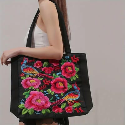 Canvas draagtas met bloemborduurwerk, schoudertas in etnische stijl, handtas met grote capaciteit voor dames brown