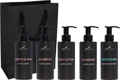 Compleet pakket White Lotus - Shower & Wash + Shampoo + Bodylotion + Handzeep + Coconut conditioner - 300 ml per fles - complete set van 5 stuks - met luxe gift tas - cadeau - giftset voor hem en haar
