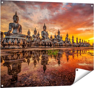 Gards Tuinposter Boeddha Beelden tijdens Zonsondergang - 100x80 cm - Tuindoek - Tuindecoratie - Wanddecoratie buiten - Tuinschilderij