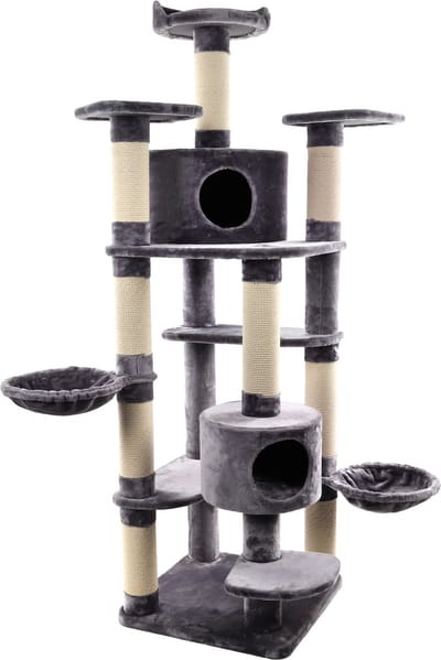 Krabpaal Giganto Grijs & Wit – 207 cm hoog – XXL kattenkrabpaal met 2 huisjes, 7 plateaus & hangmatten – Flamingo First Class Selection