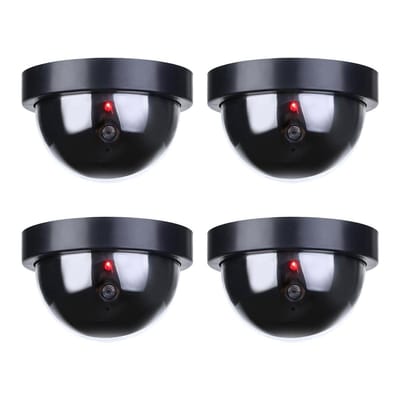Premium 4x Dummy LED Beveiligingscamera Set met Bewegingssensoren – 12x8cm – Zwart – 4 Stuks | Draadloze Nepcamera Met Rode Led op Batterijen | Knipperende Camera Beveiliging Voor Binnen en Buiten | Buitencamera | CCTV Dome Bewakingscamera