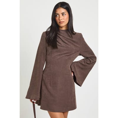 boohoo Dames Gedrapeerde Schouder Lange Mouw Mini Jurk | Chocoladebruin | Maat: 36