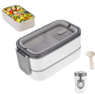 KZQ 2-laagse roestvrijstalen lunchbox lekbestendig stapelbaar met lepel en ontbijtbeker voor kinderen school picknick en werk wit
