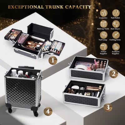 Make-up Trolley - Cosmetica Koffer - Professioneel Gebruik - Verwijderbare Indeler - 76 cm Hoog - Zwart