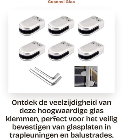 Dailygoods- Glasbeugels 6 Stuks - Verstelbare Glasbeugel - Roestvrij Staal 304 - Voor 6-8mm Glas - Inclusief Inbussleutels - Makkelijk te Installeren - Glasclip