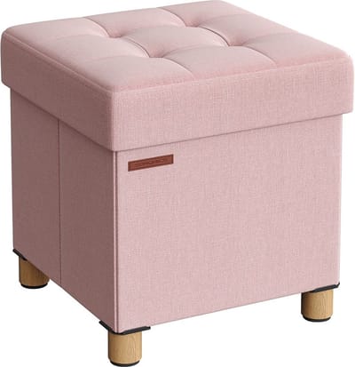 Pastelroze Zitkist - Opbergpoef - Voetenbank - Imitatielinnen - Schuimvulling - MDF-constructie - 38 cm x 38 cm x 40 cm - 3,5 kg - 300 kg capaciteit - 37 liter opbergruimte