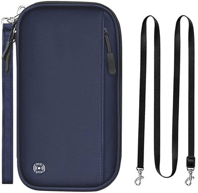 longziming -Reisorganizer met RFID Blokker – Reisdocumenten Tas voor 4 Paspoorten, Creditcards, ID's, Bordkaarten en Vaccinatiepaspoort – Blauwe Reistas voor Dames en Heren