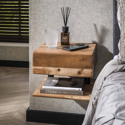 PS-Collection Shelve 1 Lade Nachtkastje - 35x31x27cm - Naturel - Acaciahout - nachtkast, nachtkastje, nachtkastjes, nachtkastjes industrieel, nachtkastje hout, nachtkastjes modern, nachtkastje zwevend