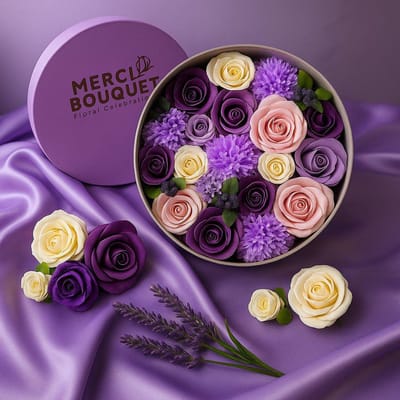Zeepbloemen Geschenk Set - Ronde Doos - Lavendel, Roos & Anjer - Zeeprozen - Zeepbloemen Cadeau Set - 20x8cm