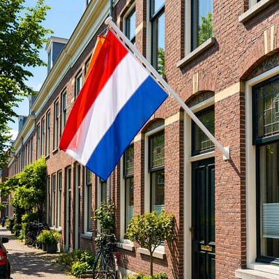 Nederlandse vlag met stok – complete set met Nederlandse vlag (150 x 100 cm) + witte vlaggenstok 200 cm + witte vlaggenstokhouder + oranje vlaggenstokknop + wimpel