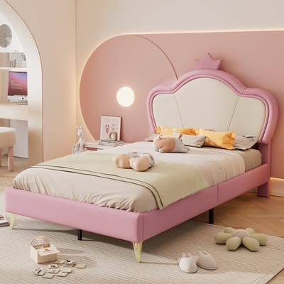 Gestoffeerd bed - Kinderbed - Hoofdeinde met kroon - gestoffeerd hoofdbordprofiel - Eenpersoonsbed - Roze - 90x200cm - zonder matras