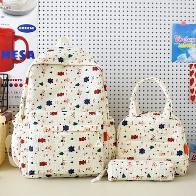 Rugzak Set Drie-delige - Licht Geel met Beren & Lintjes Patroon - Laptop Rugzak + Lunchbox + Pennenkoker - Nylon Materiaal - 42×30×14cm (Rugzak)