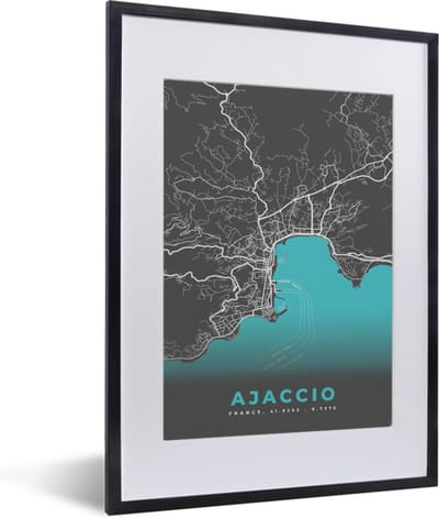 Fotolijst incl. Poster - Kaart – Stadskaart – Frankrijk - Ajaccio - Plattegrond - Corsica - 30x40 cm - Posterlijst